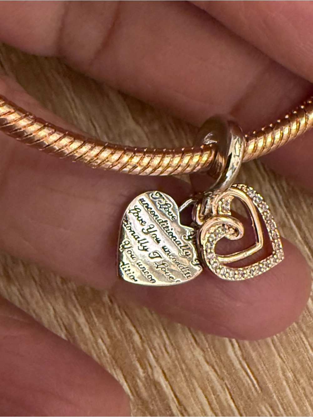 Pandora Rose Gold Double Heart Charm Bracelet Accent